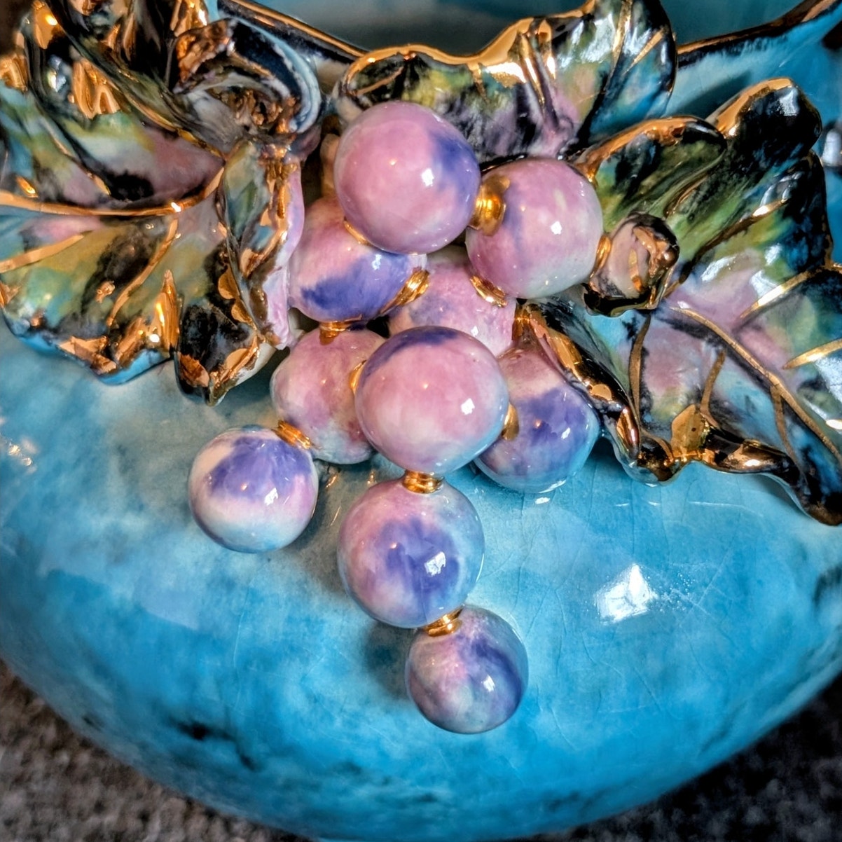 Vintage/Antique Blue Painted Gilt Edge 3D Grape Design Pitcher