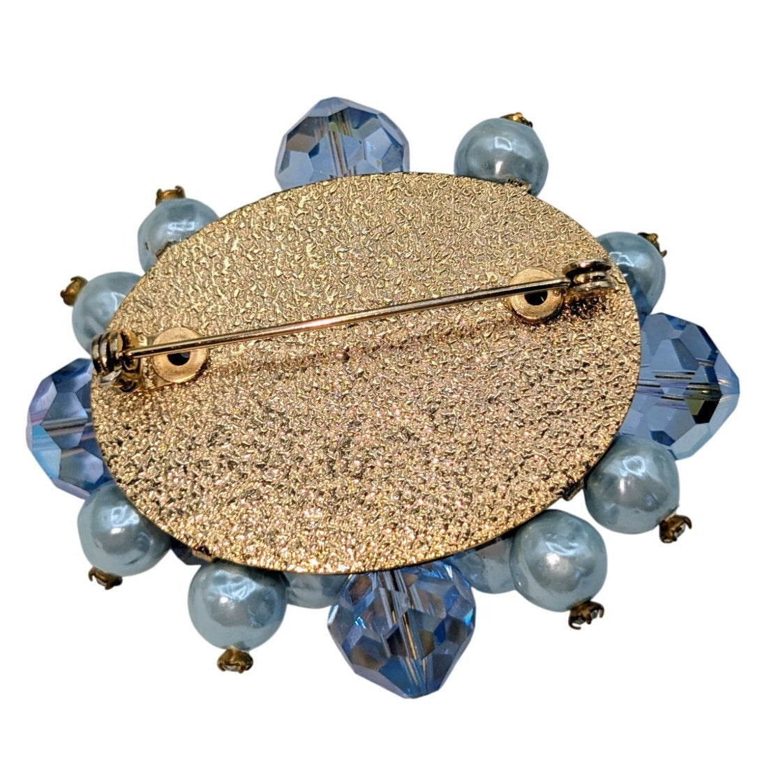 Vintage 1950s Laguna Blue Faux Pearl Rhinestone Crystal Brooch