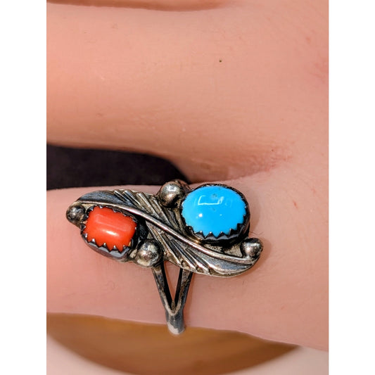 Vintage Sterling Silver Coral Turquoise Leaf Design Ring Size 5.5