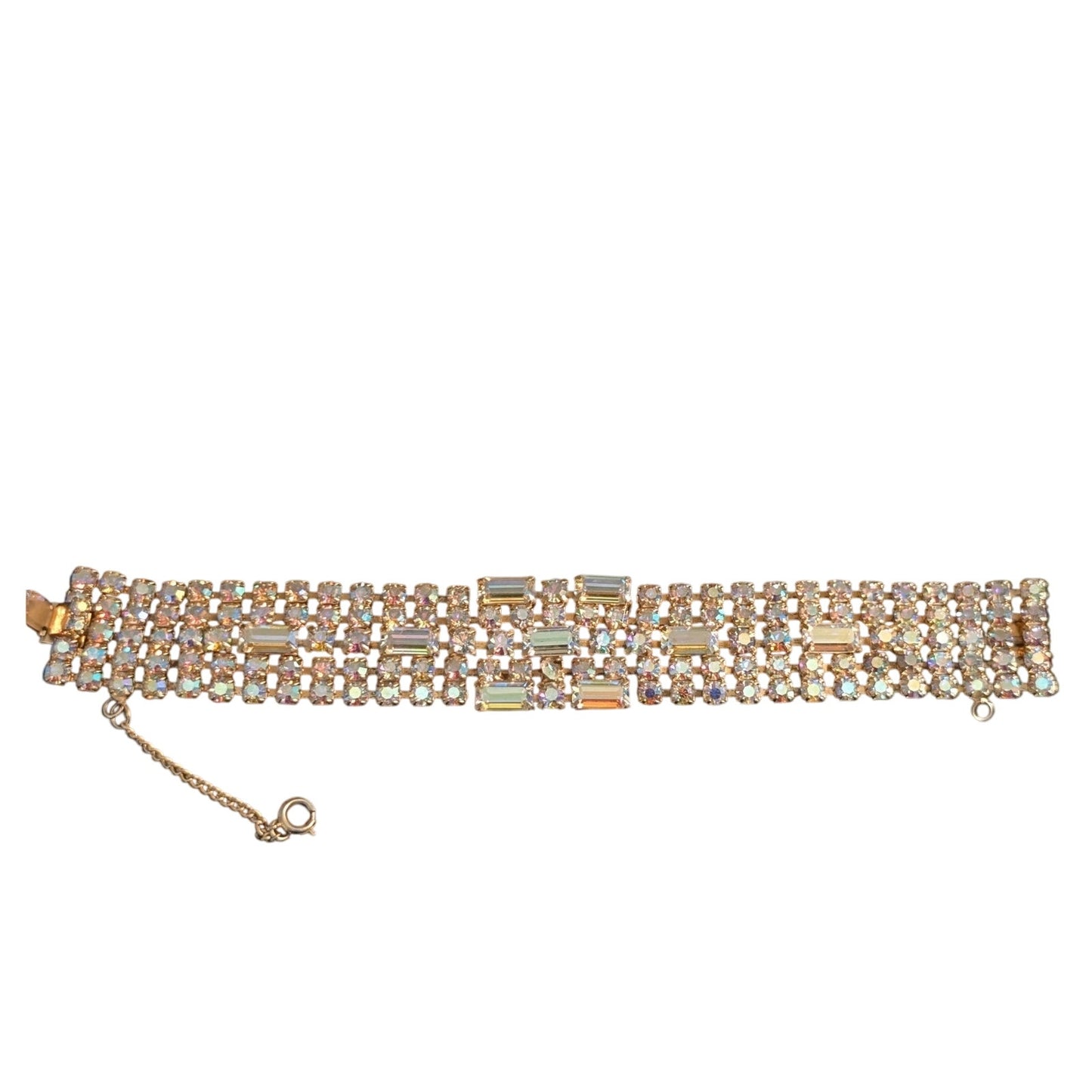 Vintage 1960s Unsigned Aurora Borealis Crystal Gold Tone Wide Bracelet W/ Safety