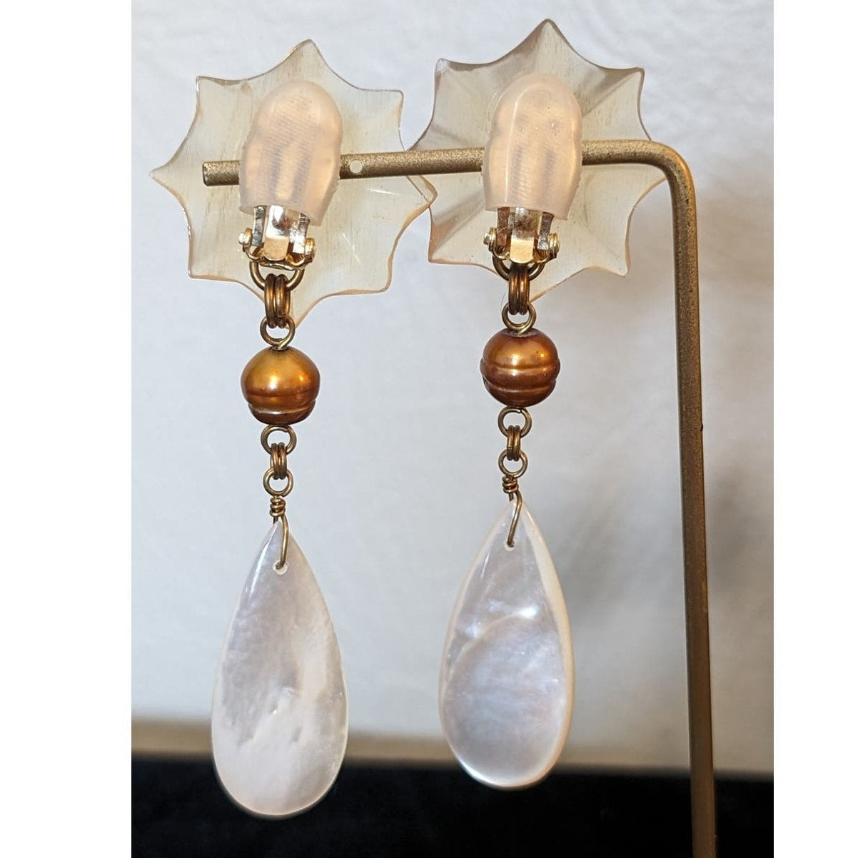 Signed Stephen Dweck Sterling Flower Bronze Pearl Mother of Pearl Earrings