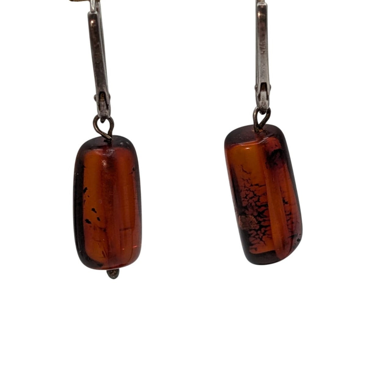 Vintage 925 Sterling Silver Lever Back Amber Dangle Earrings
