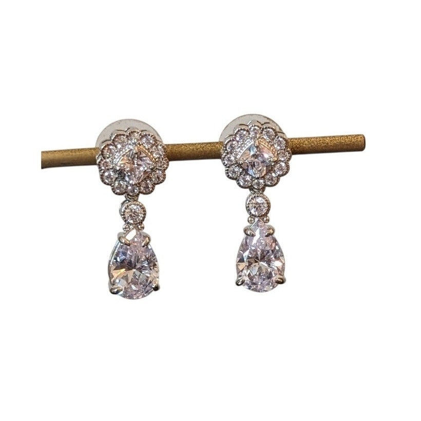 CZ Teardrop Dangle Silver Tone Bridal Earrings