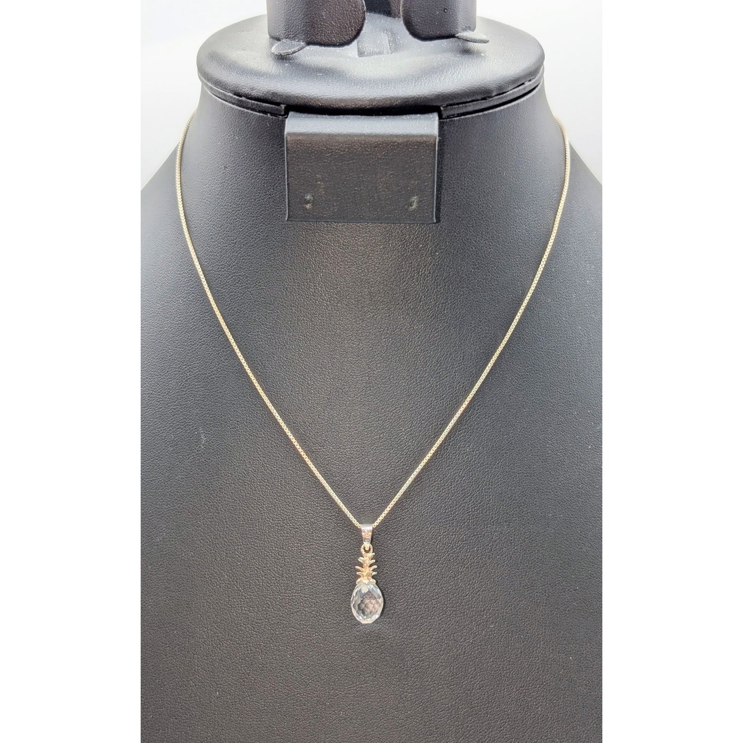 925 Sterling Silver Crystal Briolette Pineapple Pendant 16" Chain Necklace