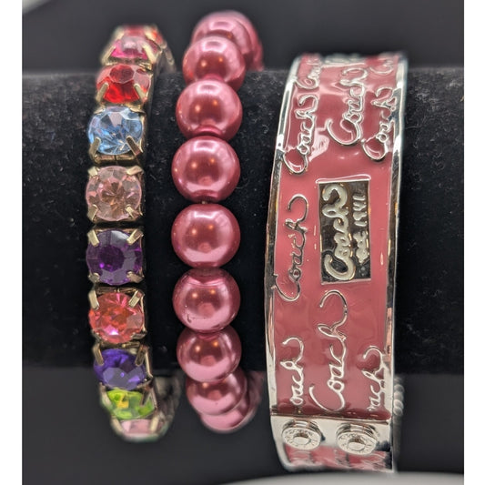 Lot of Three Pink Theme Bracelets Two Stretch & One Bangle Not Hinged