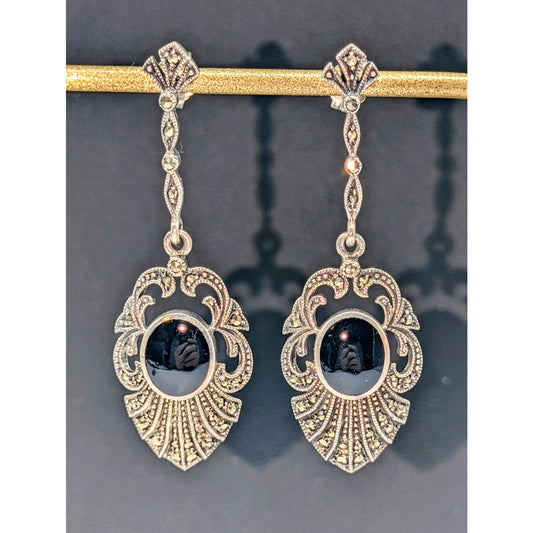 Vintage Signed 925 Sterling Silver Black Onyx Marcasite Long Dangle Earrings