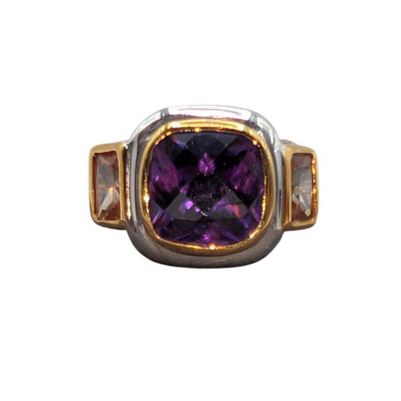 18K Gold Electroplate Mixed Metal Purple & Gold Glass Stone Ring Size 5.25