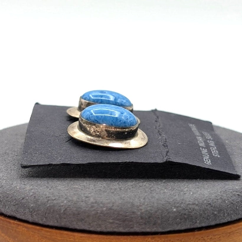Vintage Genuine Indian Handmade Sterling Silver Oval Blue Stone Post Earrings