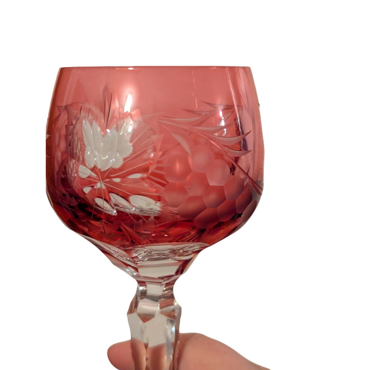 Vtg Two Czech Bohemian Red Cut to Clear Crystal Grapes Design Wine Stem Goblets