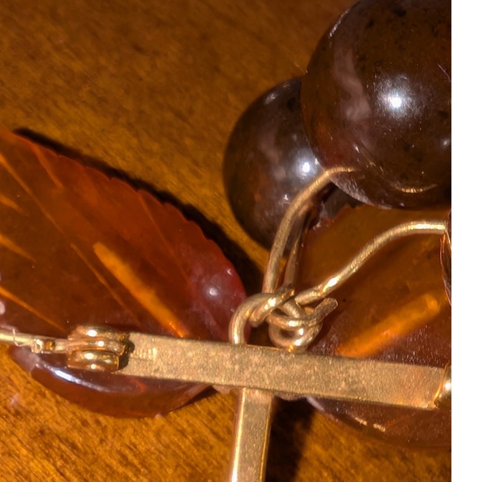 Vintage USSR 1980s Baltic Amber Cherry Gold Plated Brass Frame Brooch