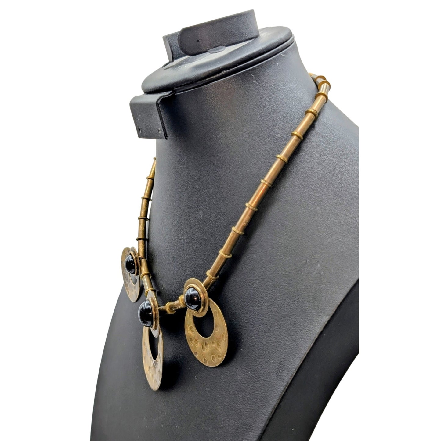 Vintage Brass Open Circles Black Cabochon Tribal Statement Necklace