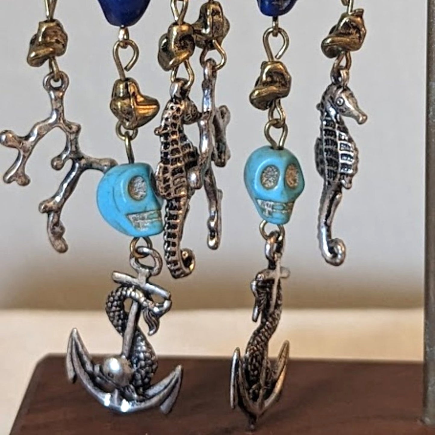 Nautical Charm Dangle Multi-Chain Bottom of the Sea Silver Tone Earrings