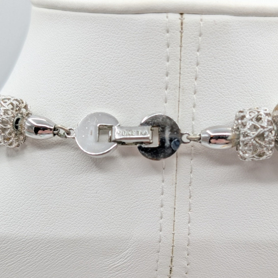 Vtg Monet Statement Couture Modernist Filigree Balls Silver Tone Beaded Necklace