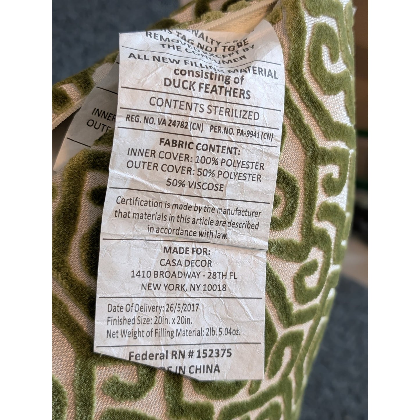 Sag Harbor Green Cut Velvet All Over Design Zippered Duck Feather Insert Pillow