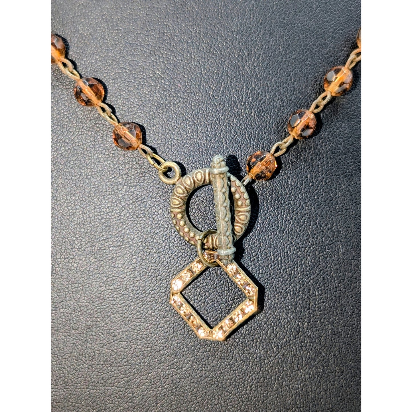 Vtg Amber Color Czech Glass Bead Toggle Clasp Rhinestone Pendant 21" Necklace