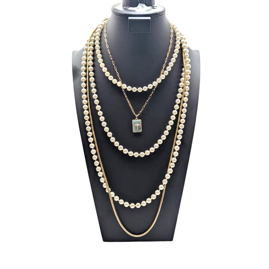 Lot of 4 Gold Tone Necklaces-Short Pearl Long Pearl Long Snake Chain & Cross