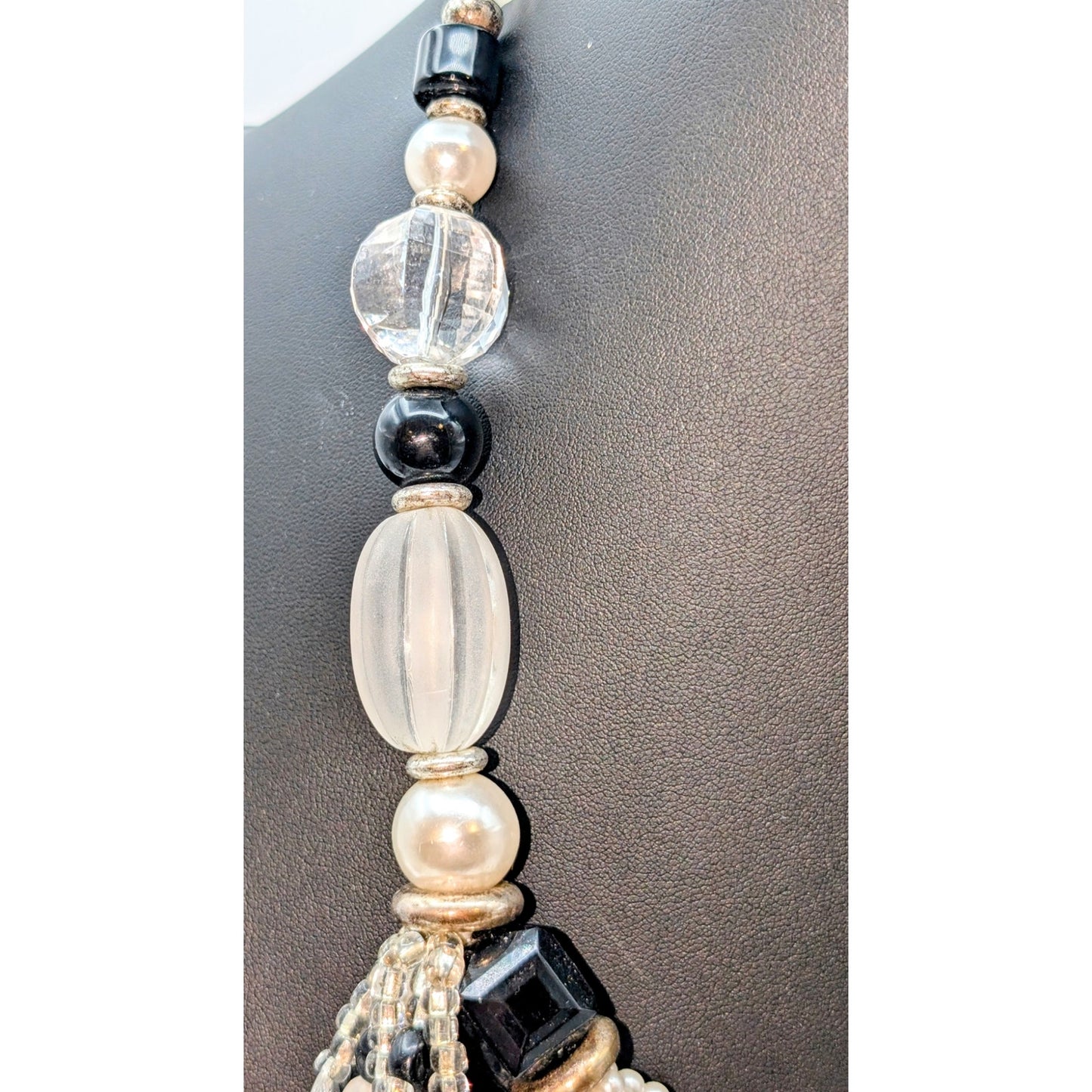 Vintage Black Clear Faux Pearl Multi Strand Side Tassel Hook Clasp 26" Necklace