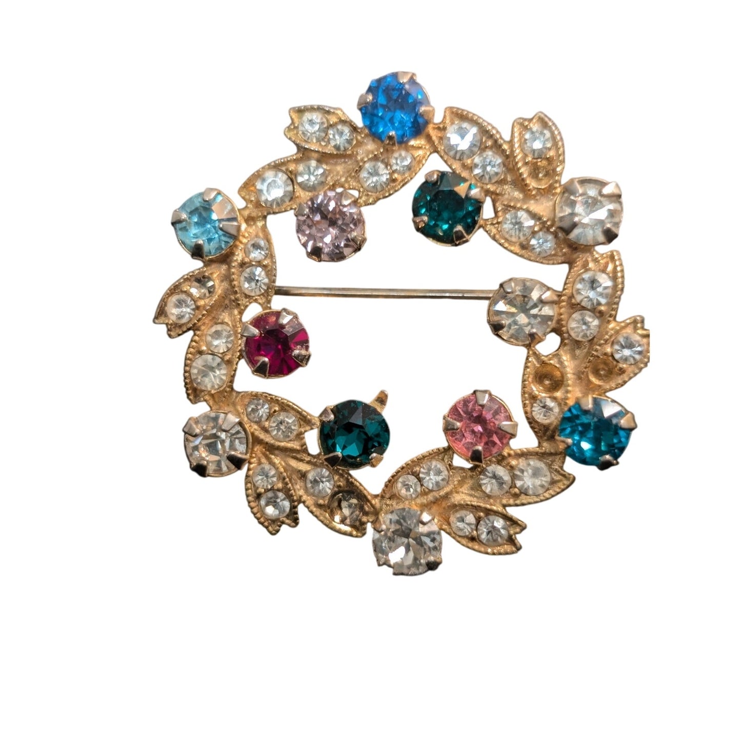 Eisenberg VTG Signed Multi Colored Rhinestone Wreath Brooch Pin Gold Tone