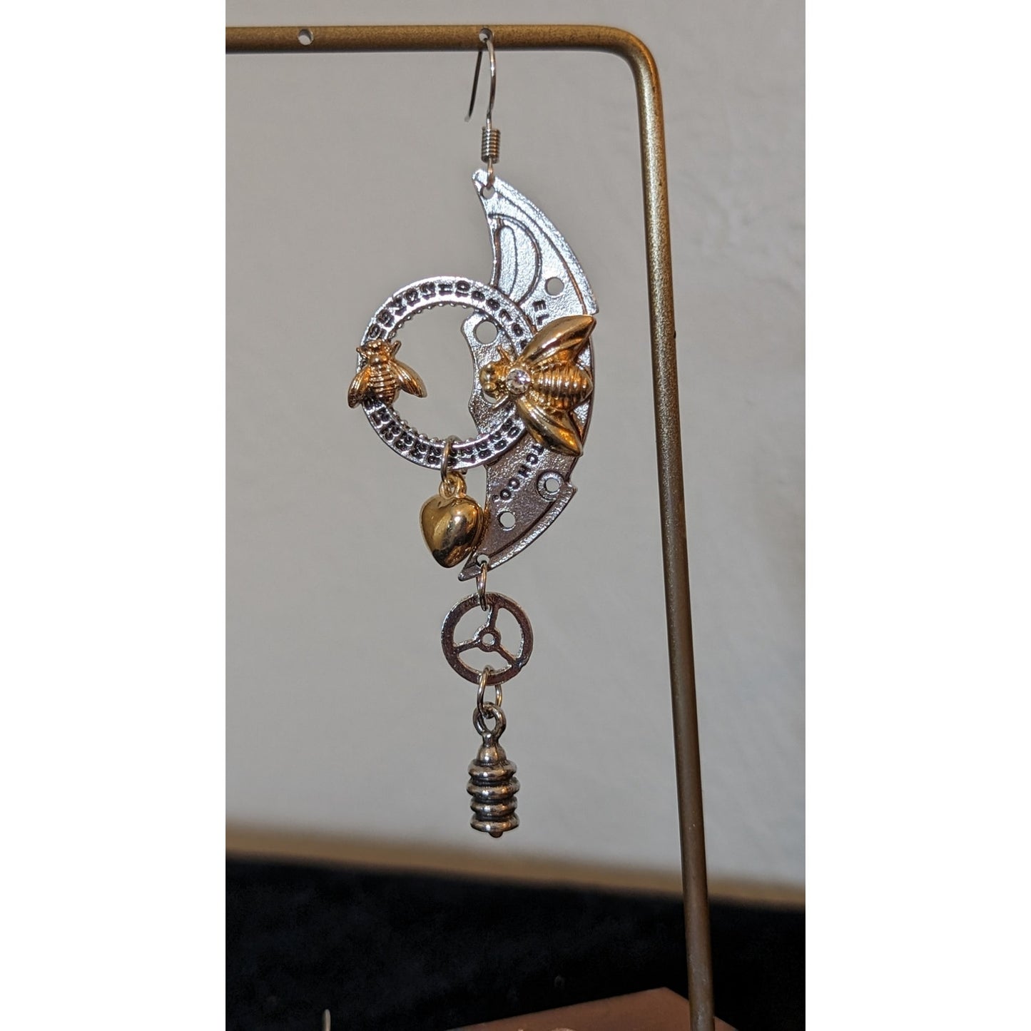 Steampunk Mechanical Clock Bee Gear Heart Two Toned Large Statement Earrings