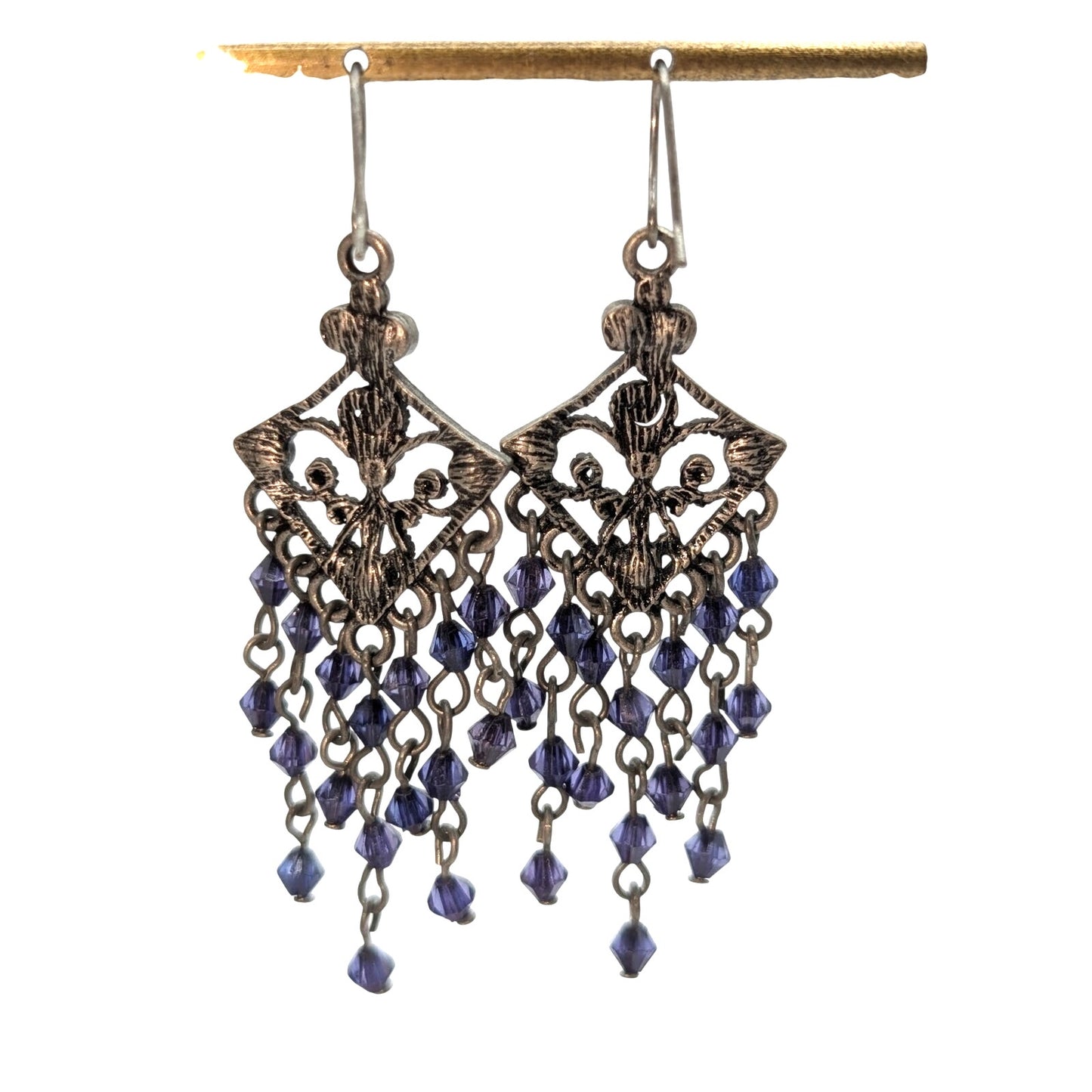 Blue Bead Chandelier Silver Tone Earrings