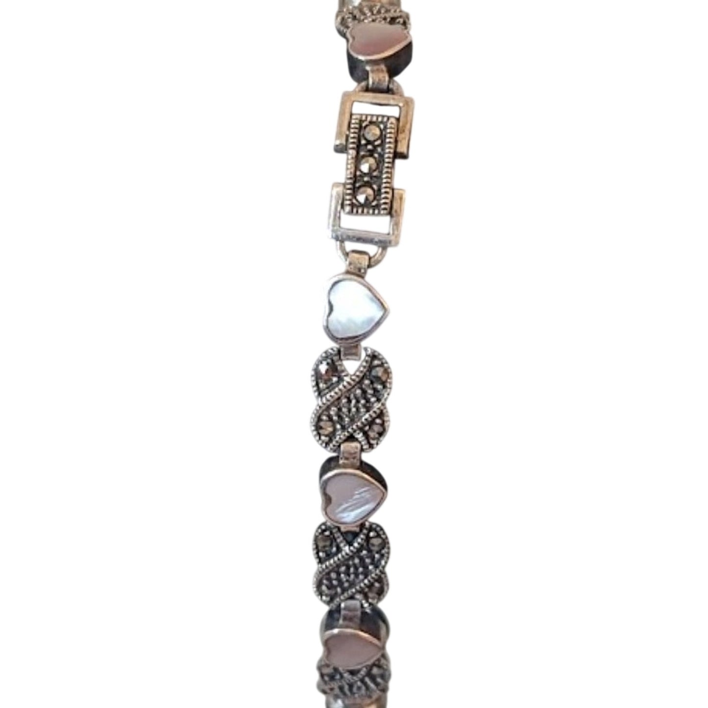 Vtg 925 Sterling Silver MOP Marcasite Fold Over Clasp Heart Link Bracelet 15.1g