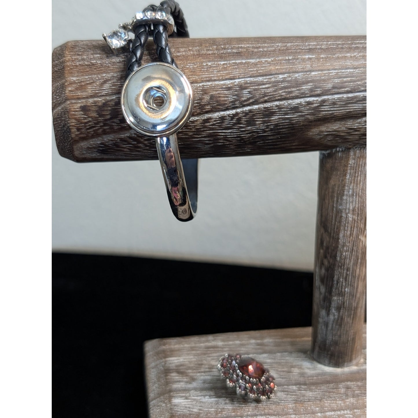 Ginger Snaps Leather Silver Tone Button Clasp Rhinestone Dangle Bangle Bracelet