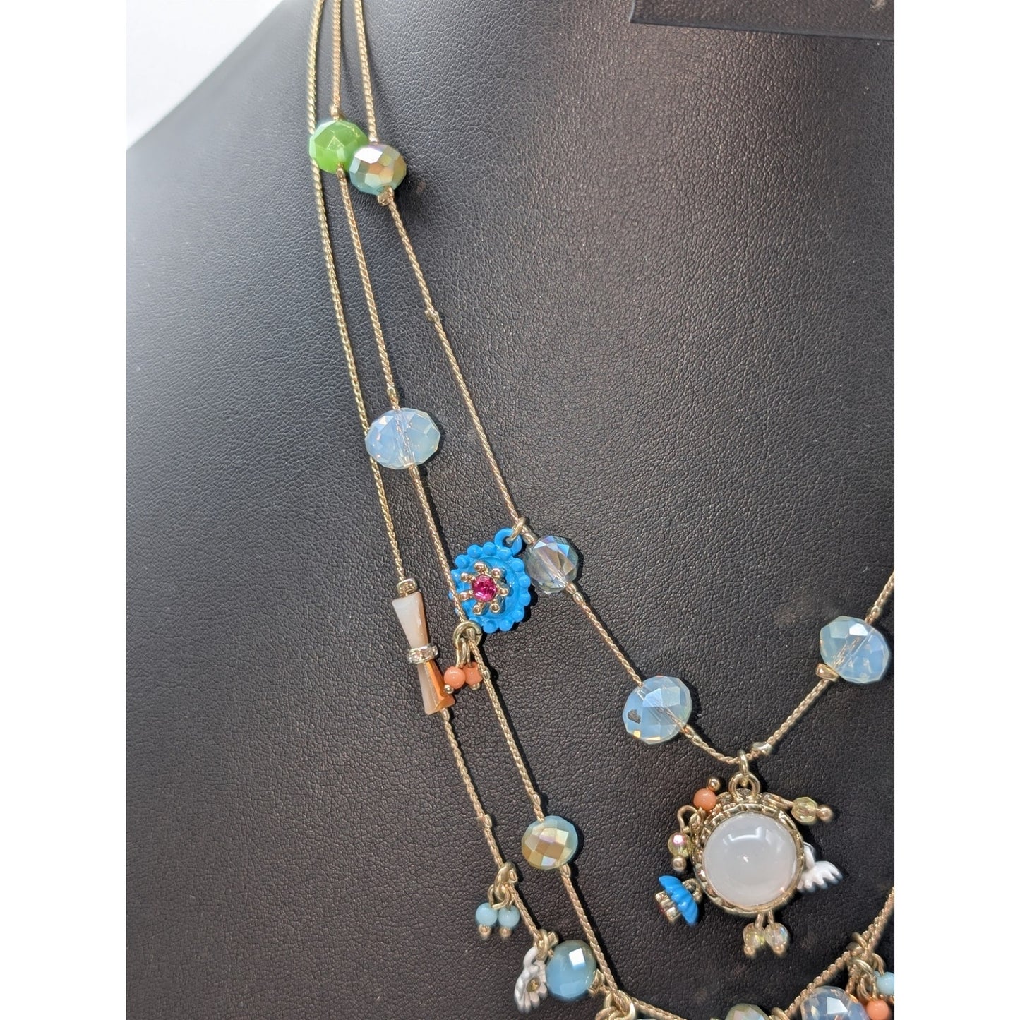 Betsey Johnson Three Strand Gold Tone Crystal Bead Studded Heart Necklace