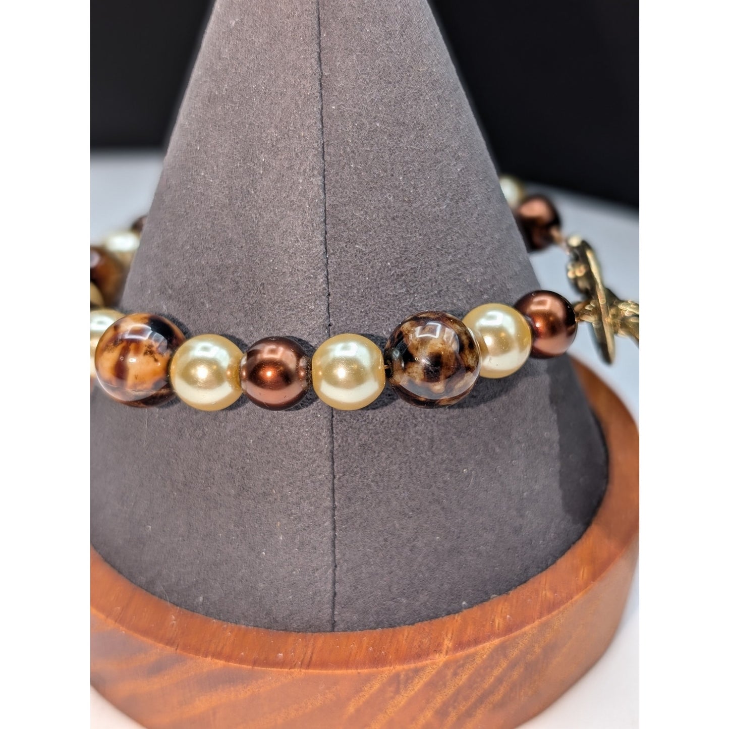 Gold Tone Faux Pearl Brown Stone Beaded Toggle Clasp Bracelet