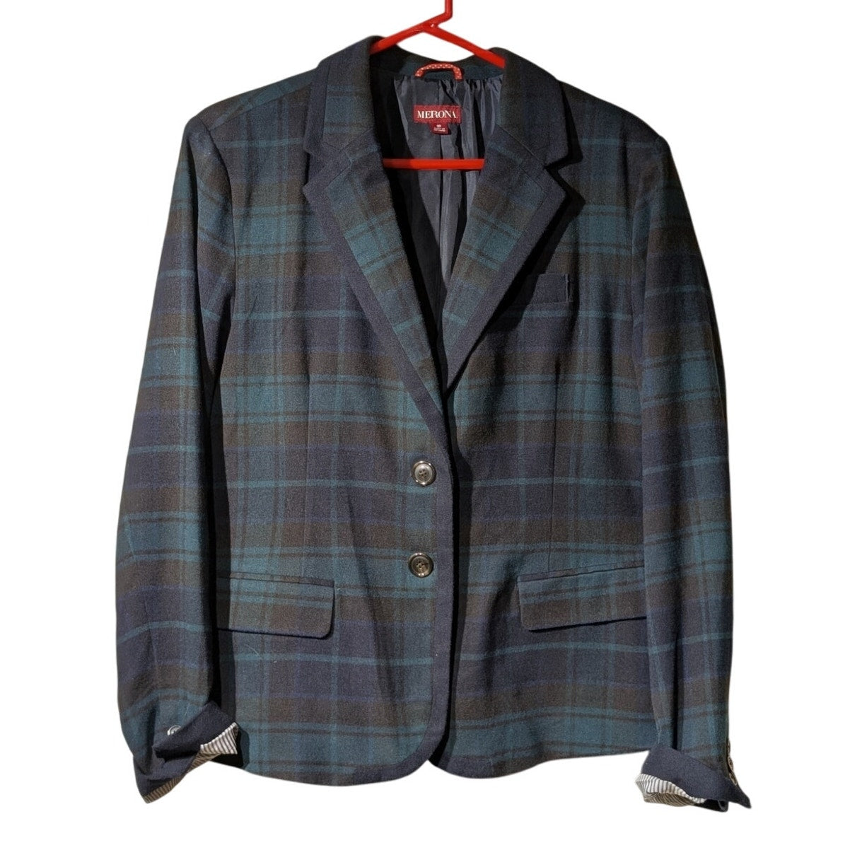Vintage Merona Y2K Wool Blend Black Watch Tartan Plaid Blazer Womens Sz 16