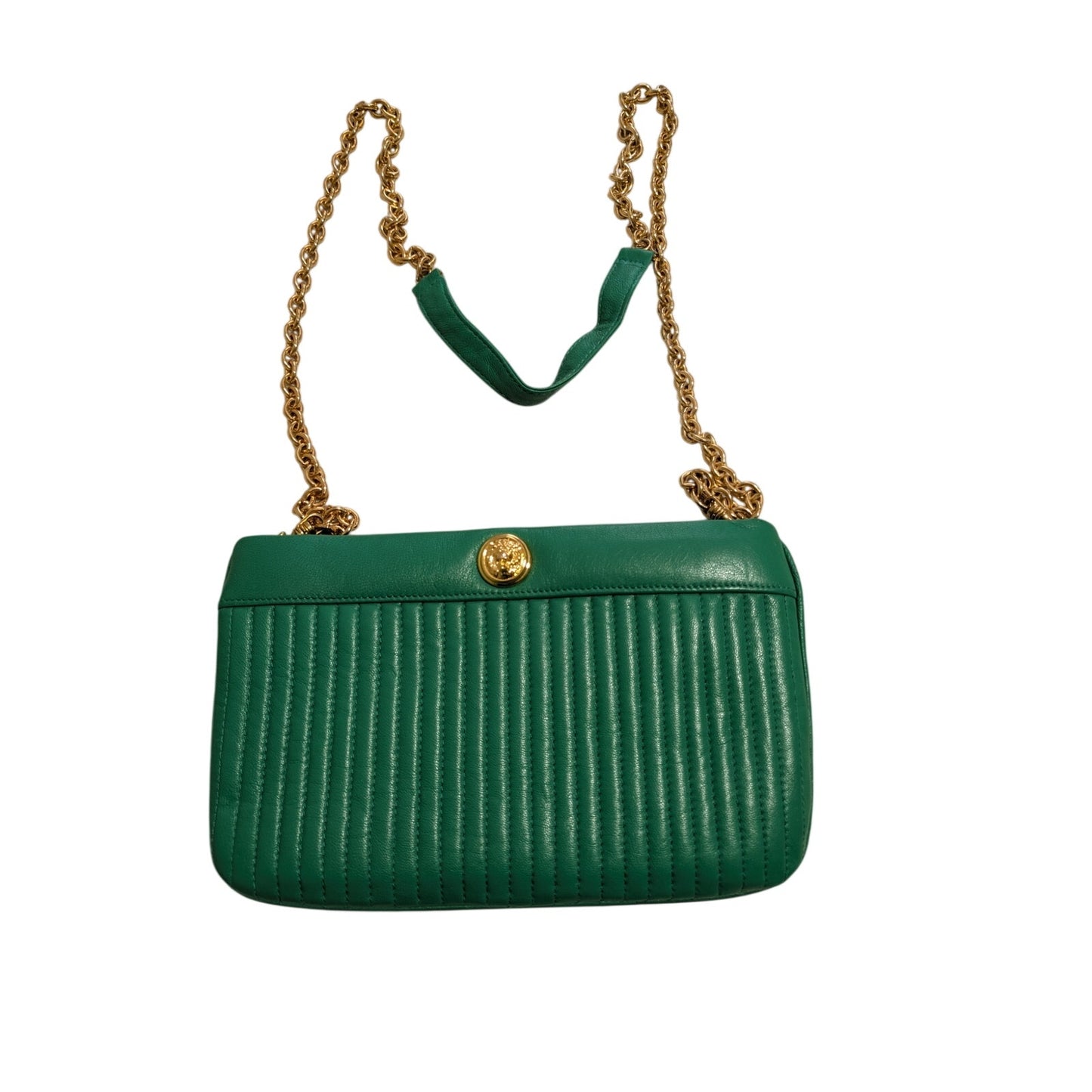 Anne Klein Cauldron Vintage Green Quilted Leather Chain Strap Lion Logo Handbag