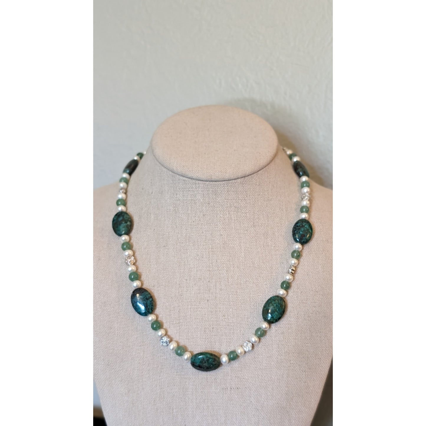 Crysocolla, Nephrite and Pearl Beaded Necklace W/ Magnetic Clasp Closure
