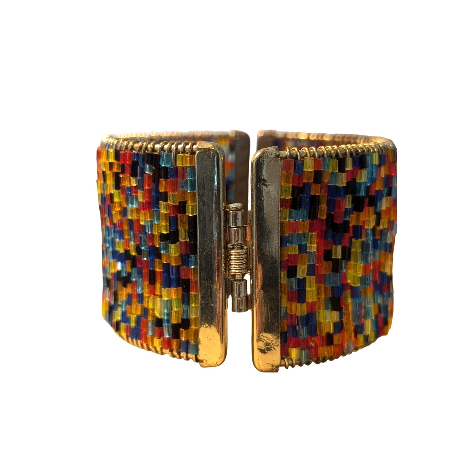 1 5/8" Wide Rigid Wired Seed Bead Clamper Style Gold Tone Bangle Bracelet