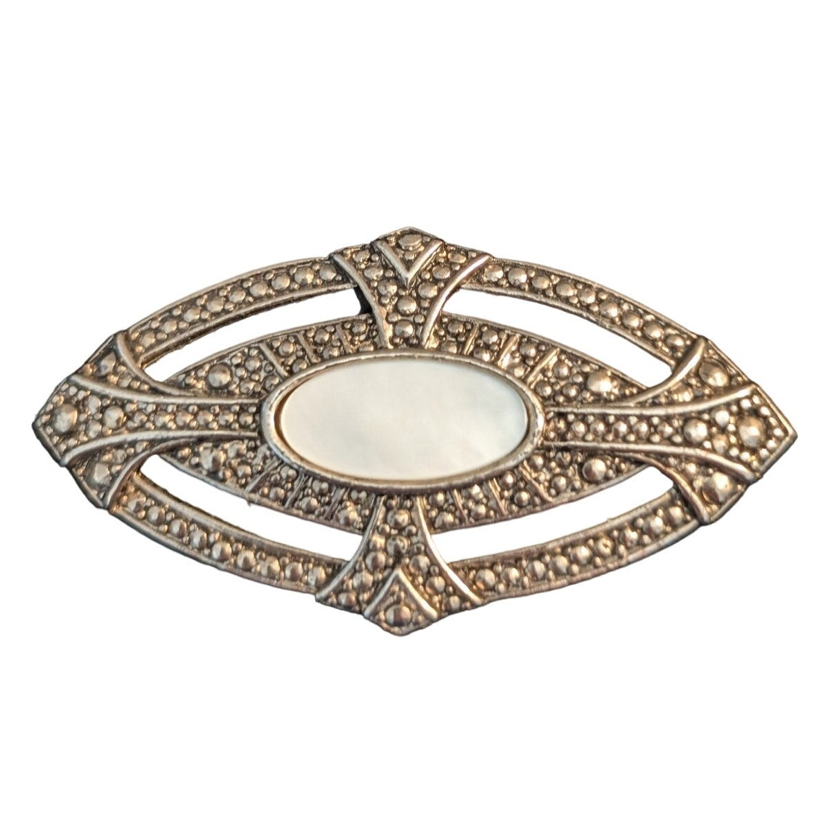 Art Deco Mother of Pearl Silver Tone Marcasite Look Brooch