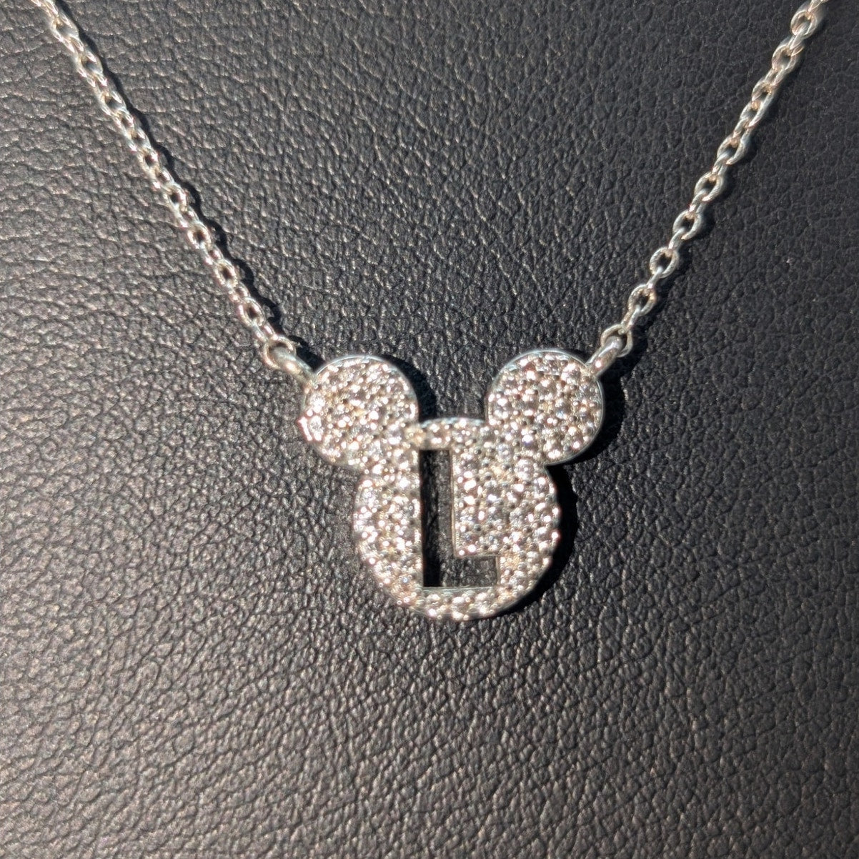 Disney Mickey Mouse White CZ Silver Over Brass Initial 'L' Pendant Necklace