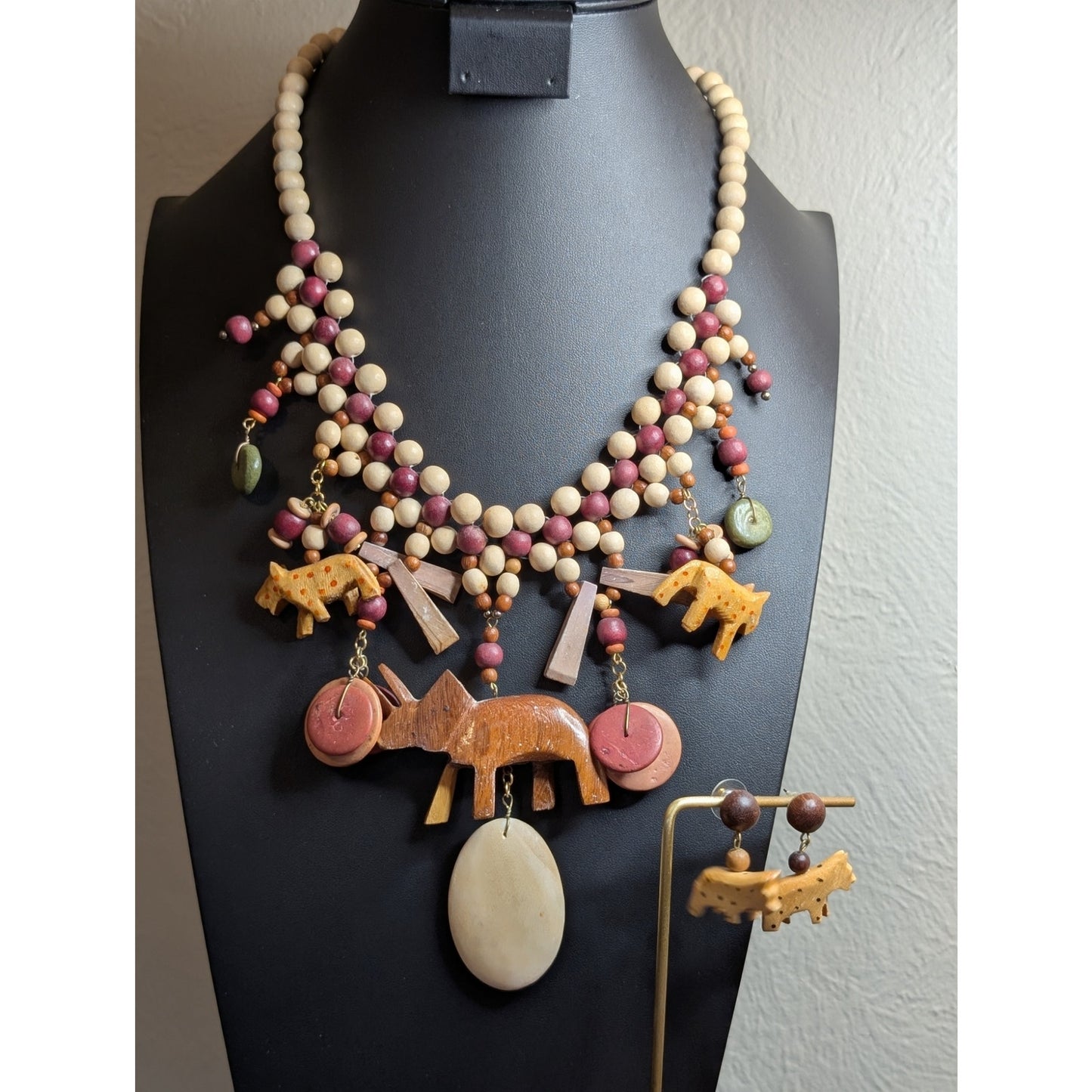 Vintage 1980s Wooden Carved Animal Tribal Necklace & Earring Set