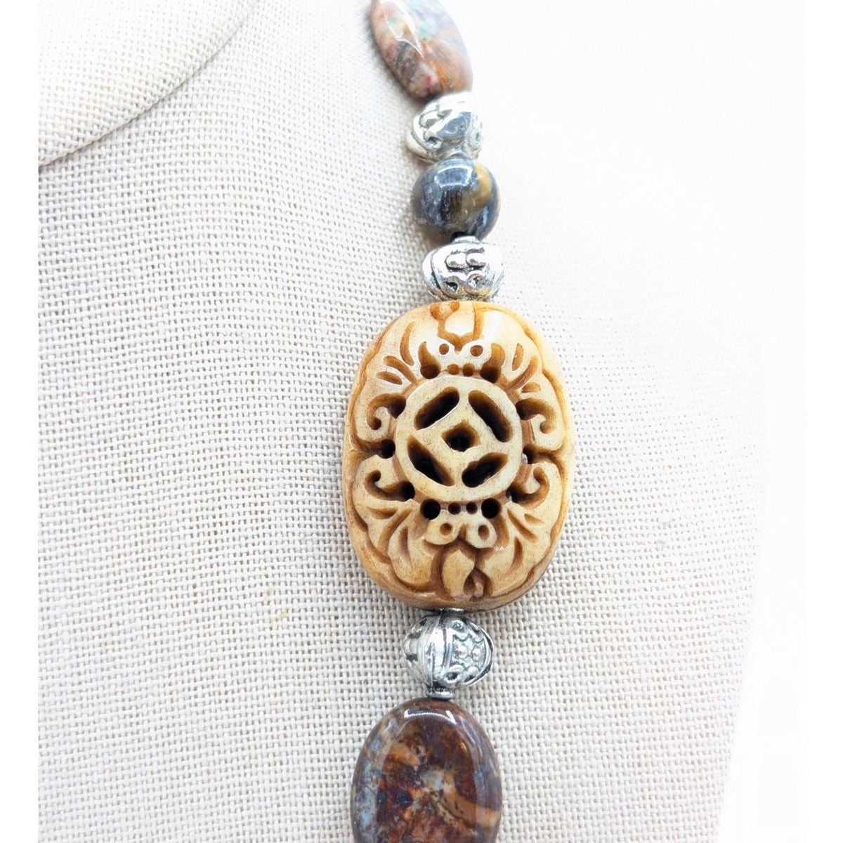 Silver Tone Jasper & Tiger's Eye Carved Resin & Carved Stone Pendant Necklace