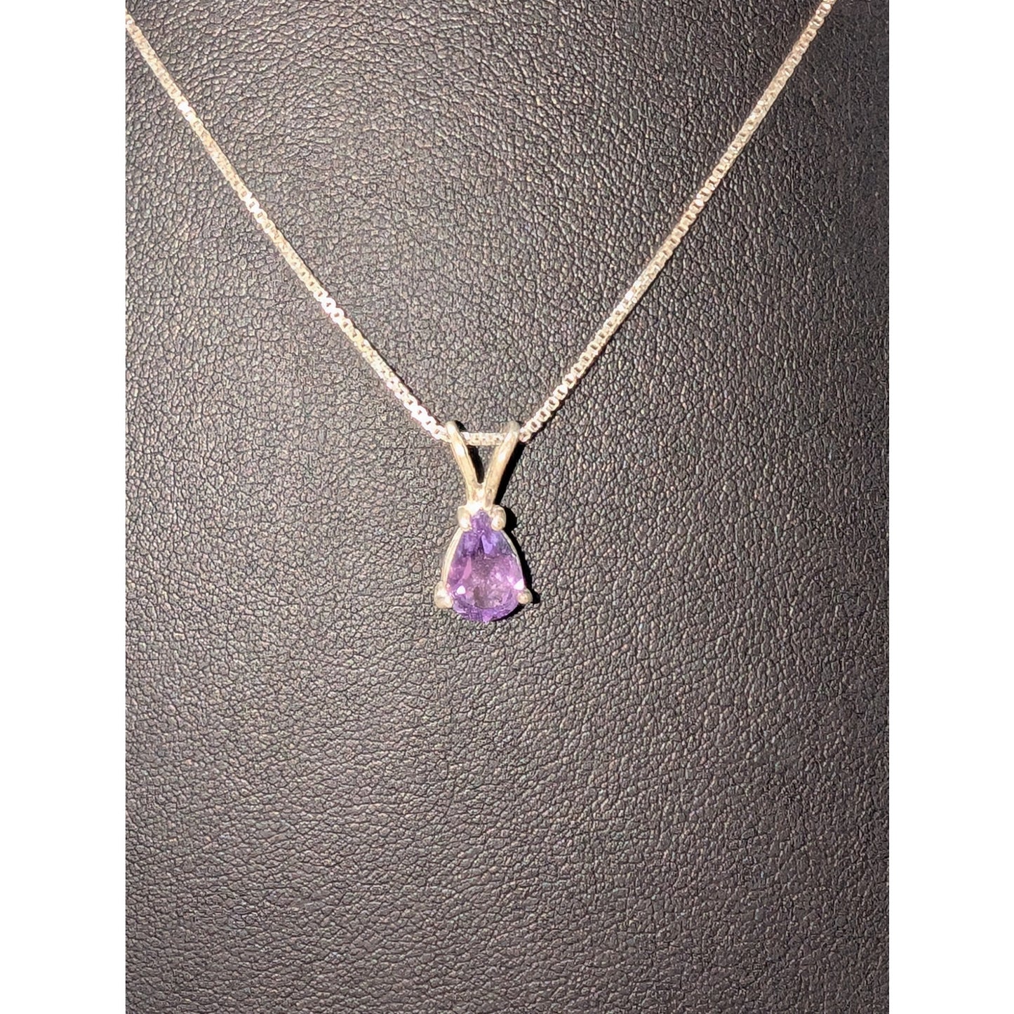 Vintage 925 Sterling Silver Purple Spinel Teardrop Pendant Box Chain Necklace