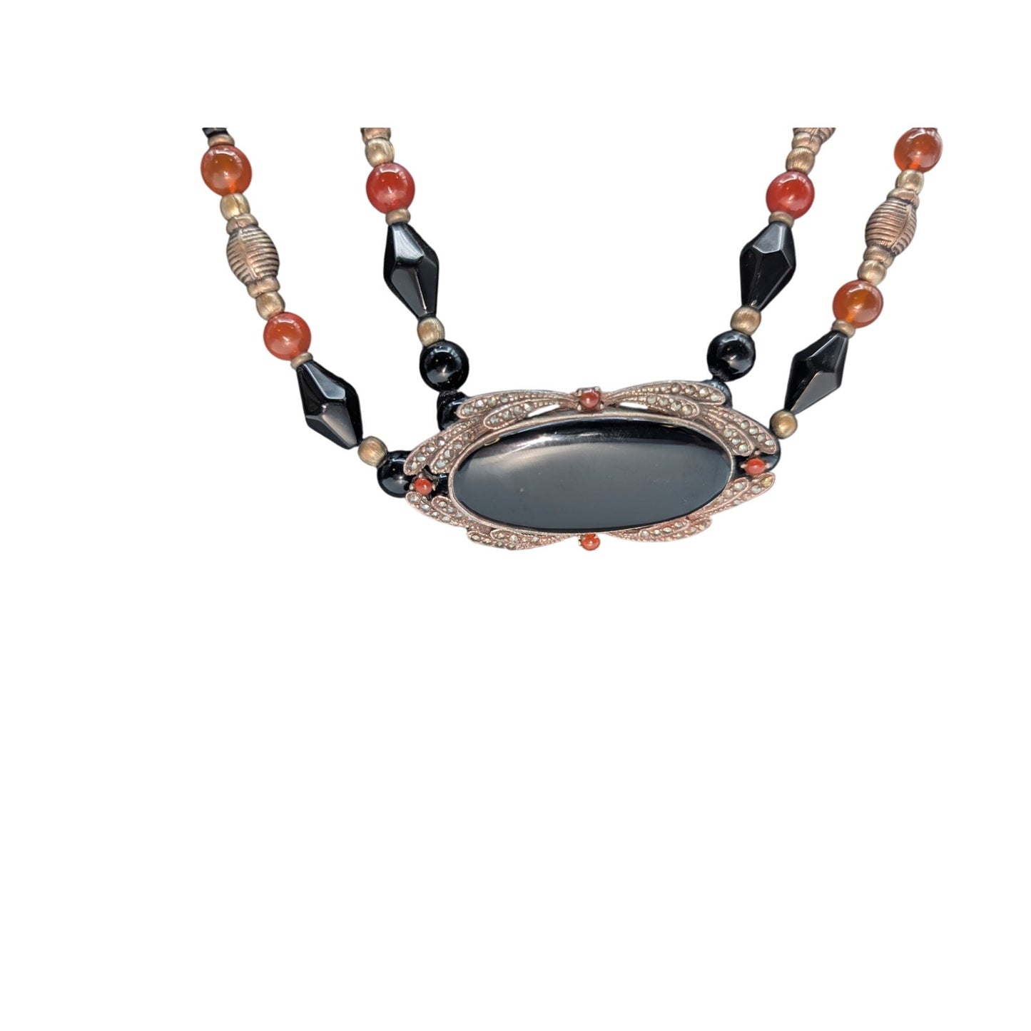 VTG Sterling Double Strand Black Onyx/Tourmaline Carnelian Marcasite Necklace