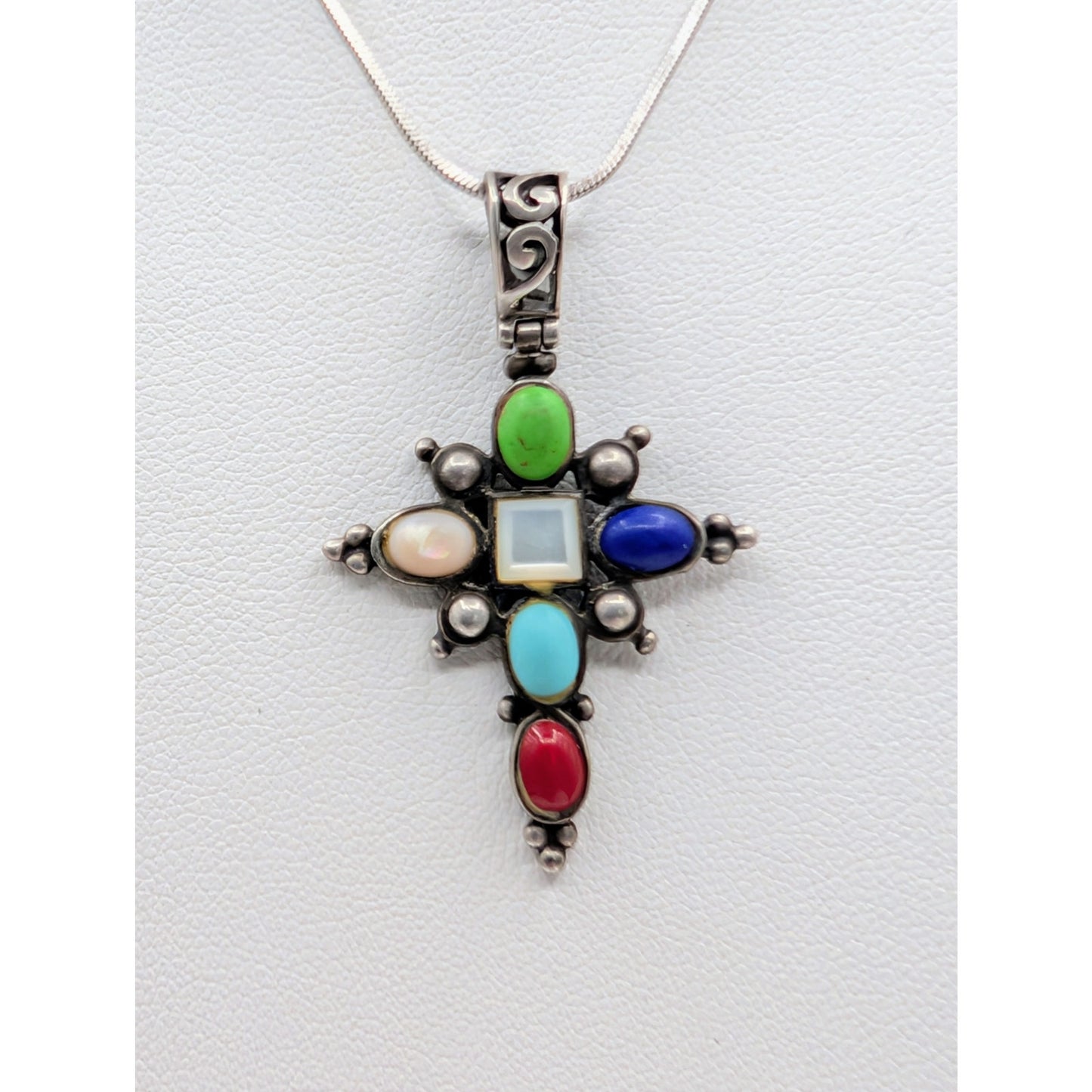 Vintage 925 Sterling Multi-Stone Cross Pendant 16" Square Snake Chain Necklace