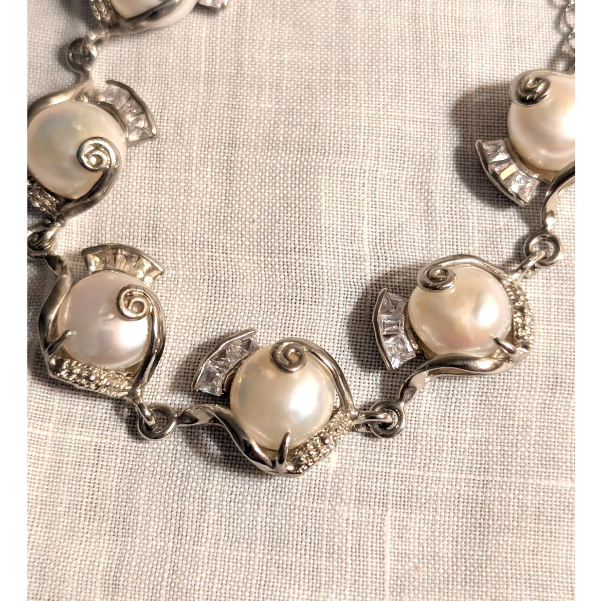 Marked 18K GP Silver Tone Faux Mabe Pearl CZ Hook Clasp 7.5"-8.5" Bracelet