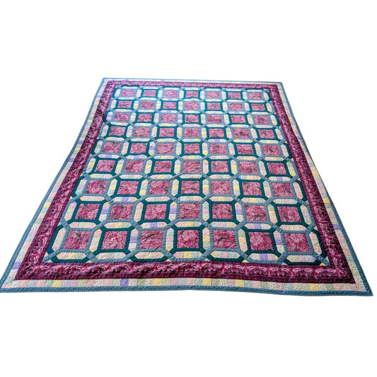 Vintage 84" X 102" Teal Blue & Mauve Cotton Hand Stitched 'Secret Garden' Quilt