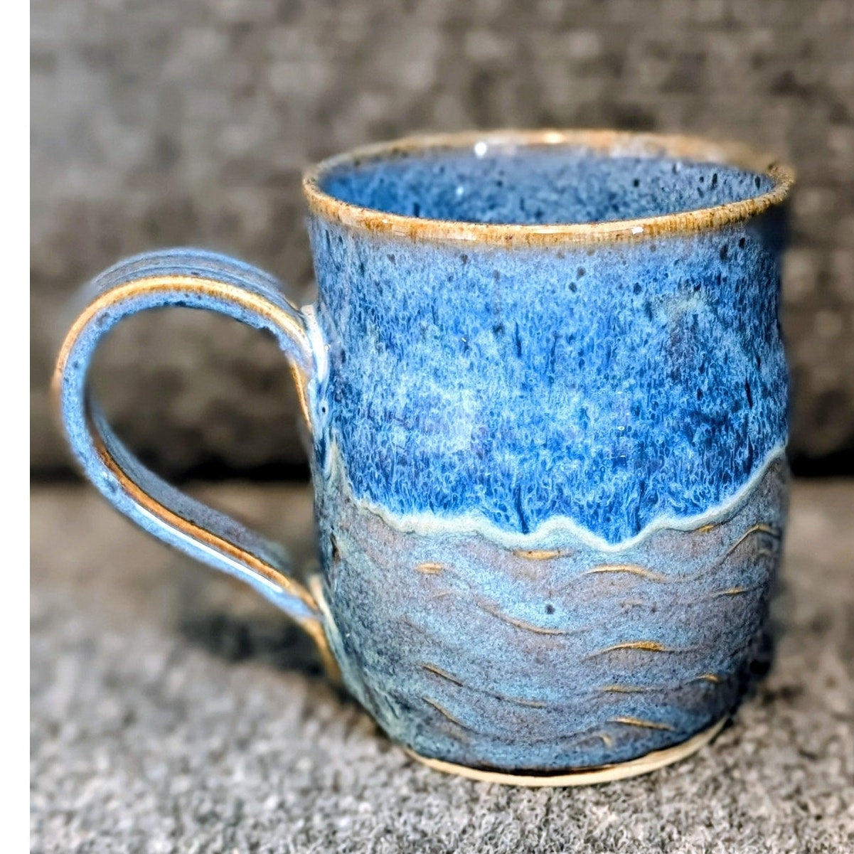 Signed Blue Waves Hand Thrown Pottery Coffee Mug