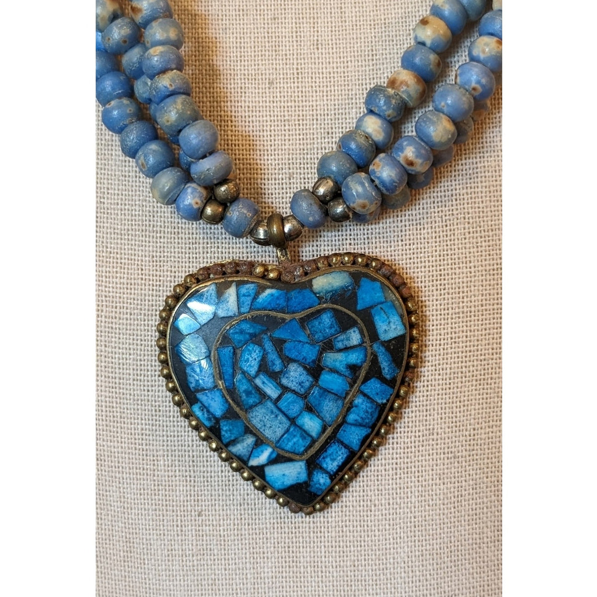 1 to 3 Strands Blue Bead Stone Inlay Copper Heart Vintage Necklace w/ Hook Clasp