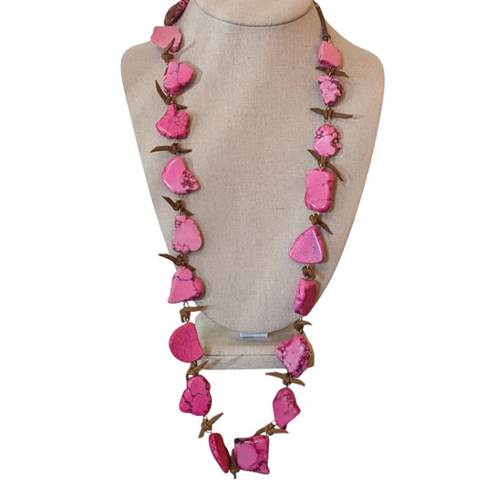 Pink Dyed Stone Necklace Strung Together w/ Rawhide Signed W