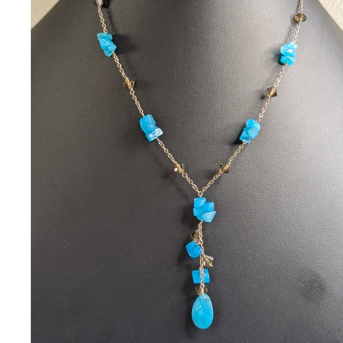 Neon Blue Gemstone Smoky Bicone Crystal Sterling Silver 16.5"-18.5" Necklace