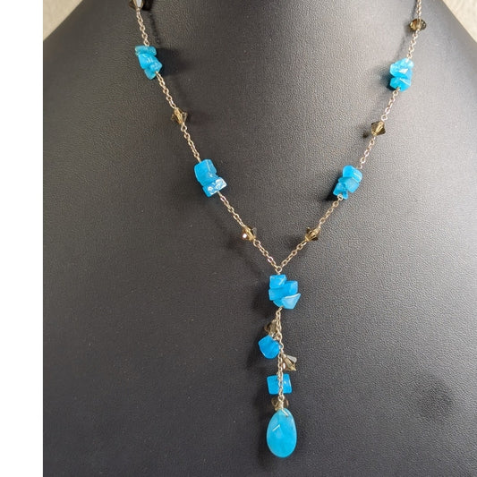 Neon Blue Gemstone Smoky Bicone Crystal Sterling Silver 16.5"-18.5" Necklace