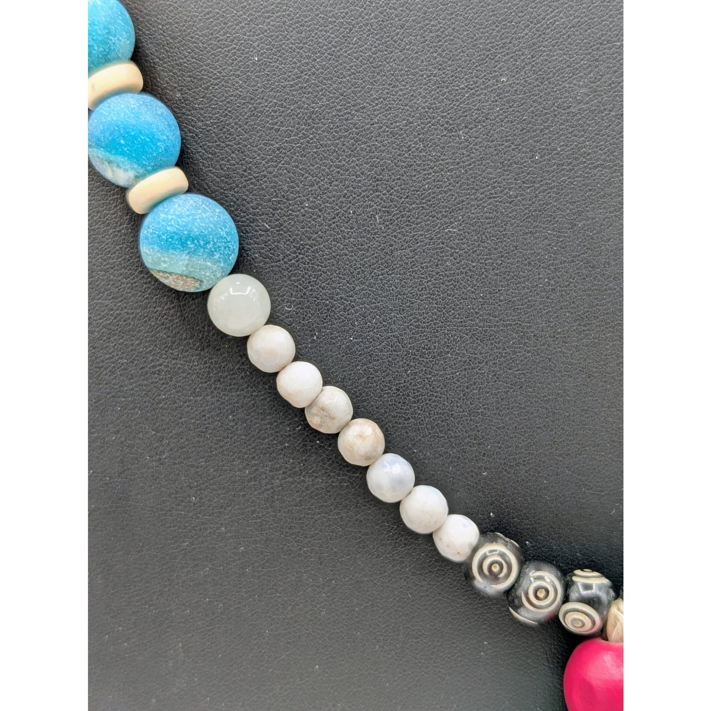 Boho Blue Pink White Black Stone Beaded Pink Tipped Tassel Long Cord Necklace