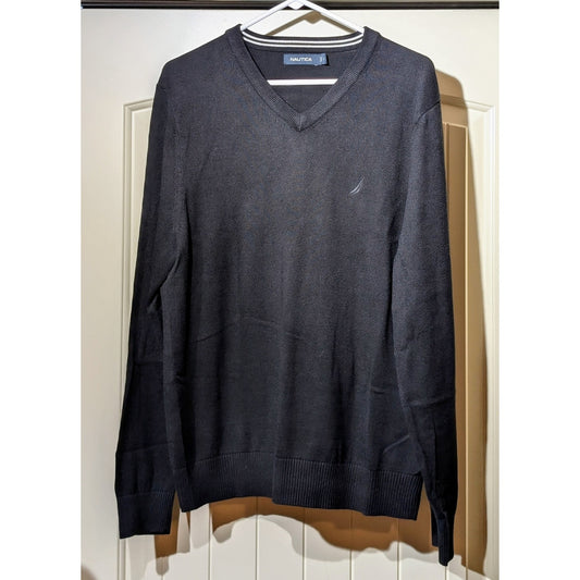 Nautica Black Cotton Viscose V-Neck Ribbed Hem Cuff Long Sleeve Sweater Mens L
