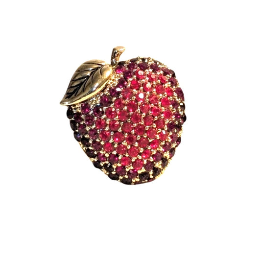 Signed MONET Vintage Pave Crystal Rhinestone Red Apple Gold Tone Leaf Brooch