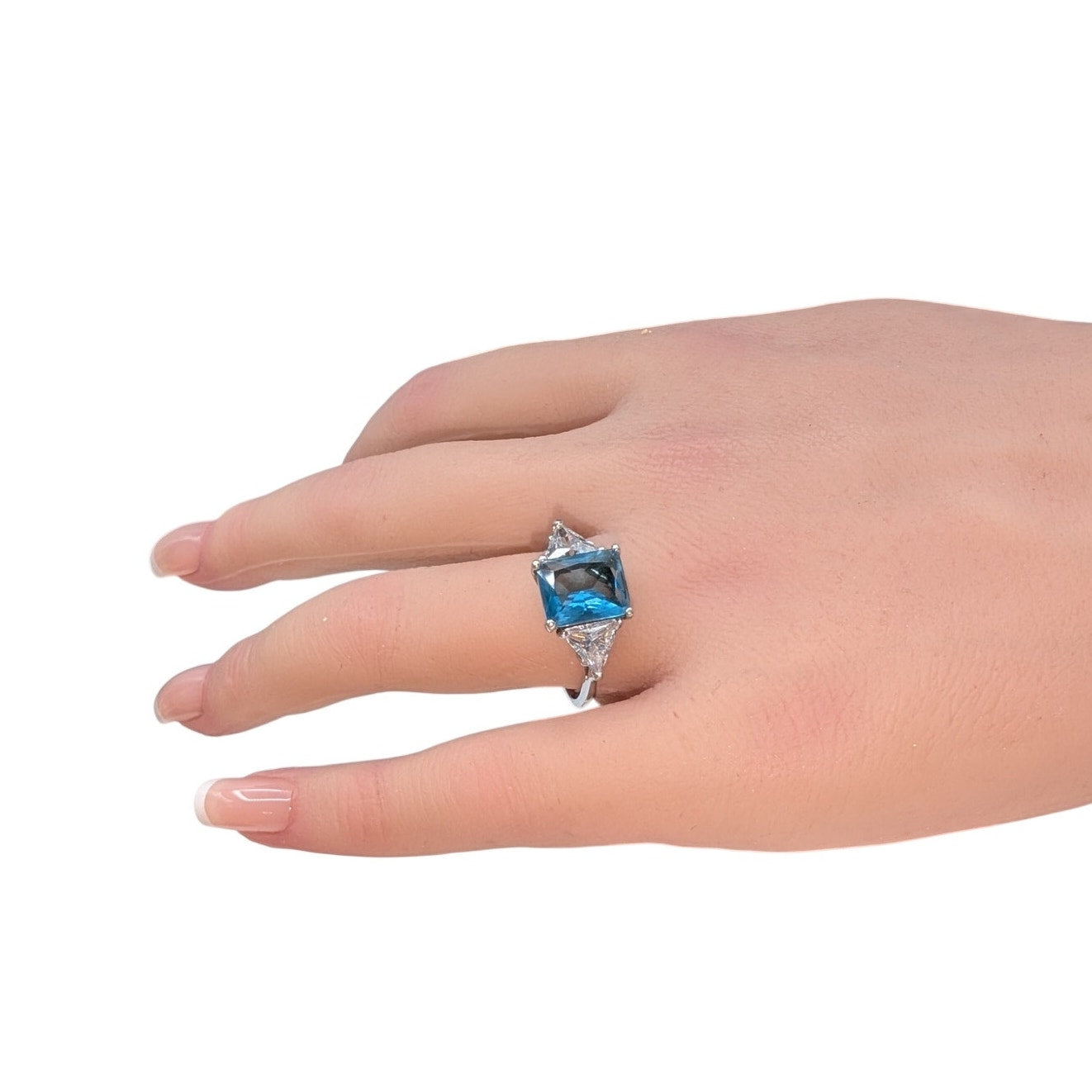 Silver Plated Blue Emerald Cut Center Stone Side Trillion CZ Cocktail Ring Sz 9